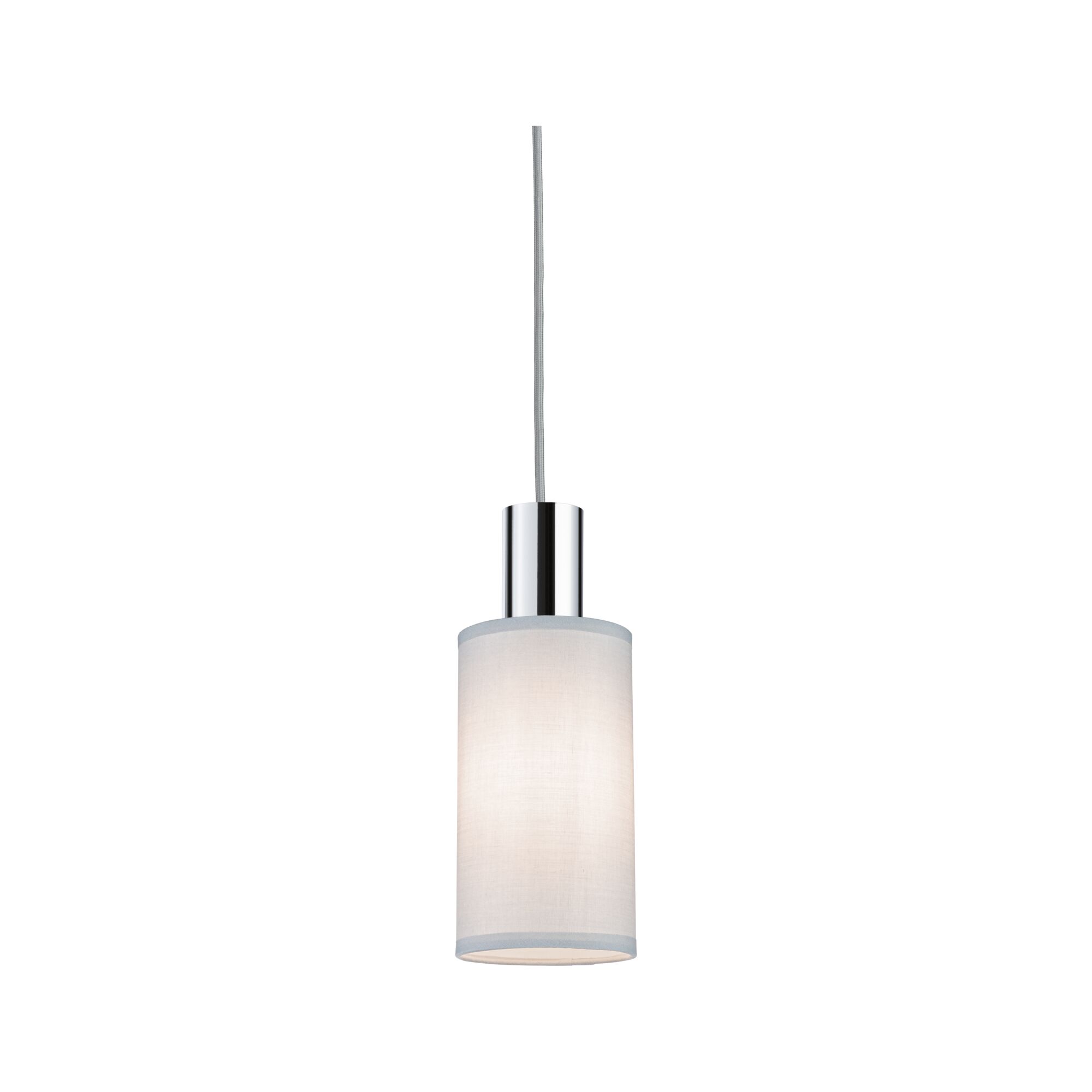 Modern pendant light with white fabric shade and chrome metal for stylish room lighting