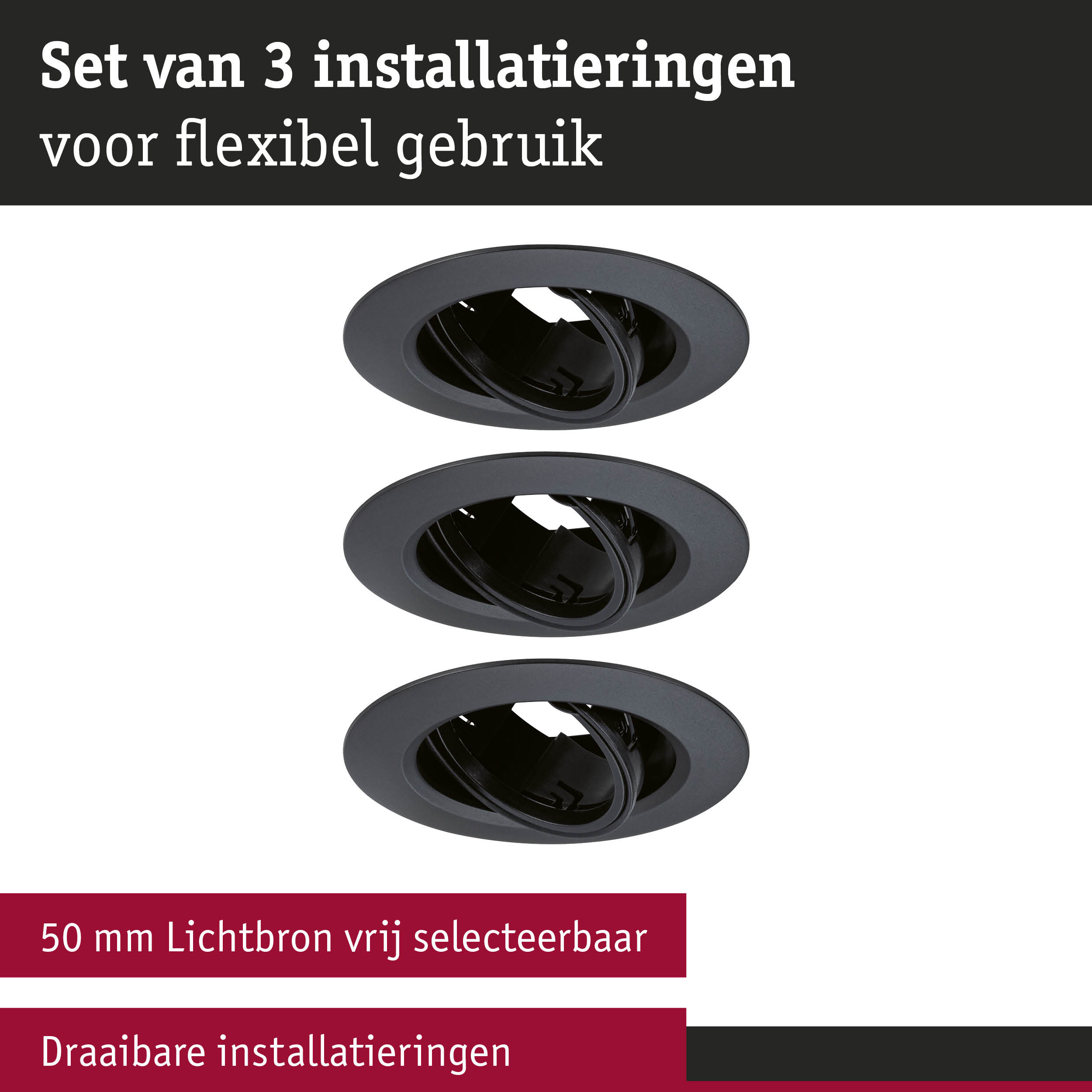 Set van 3 zwarte, draaibare inbouwframes voor flexibele LED-verlichting met 50 mm lichtbron