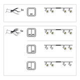 Technical drawing showing wiring and switching options for LED spotlights with single and double switches