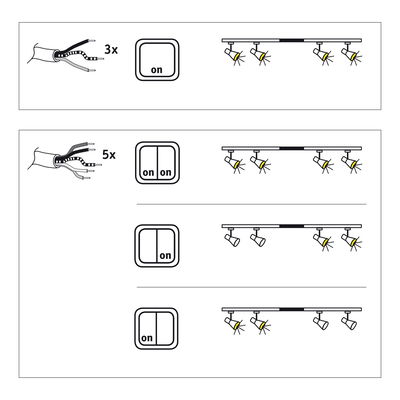 Technical drawing showing wiring and switching options for LED spotlights with single and double switches