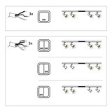 Technical drawing showing wiring and switching options for LED spotlights with single and double switches