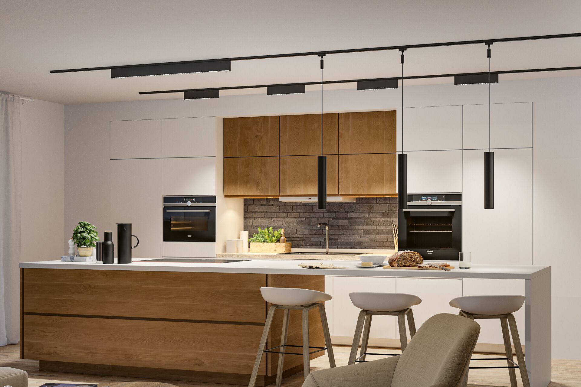Moderne Küche mit Holzfronten, weißen Schränken und schwarzen Hängeleuchten an Schienensystem