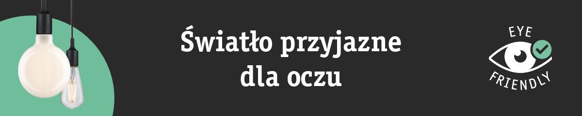Two hanging light bulbs with text about eye-friendly lighting and an eye symbol