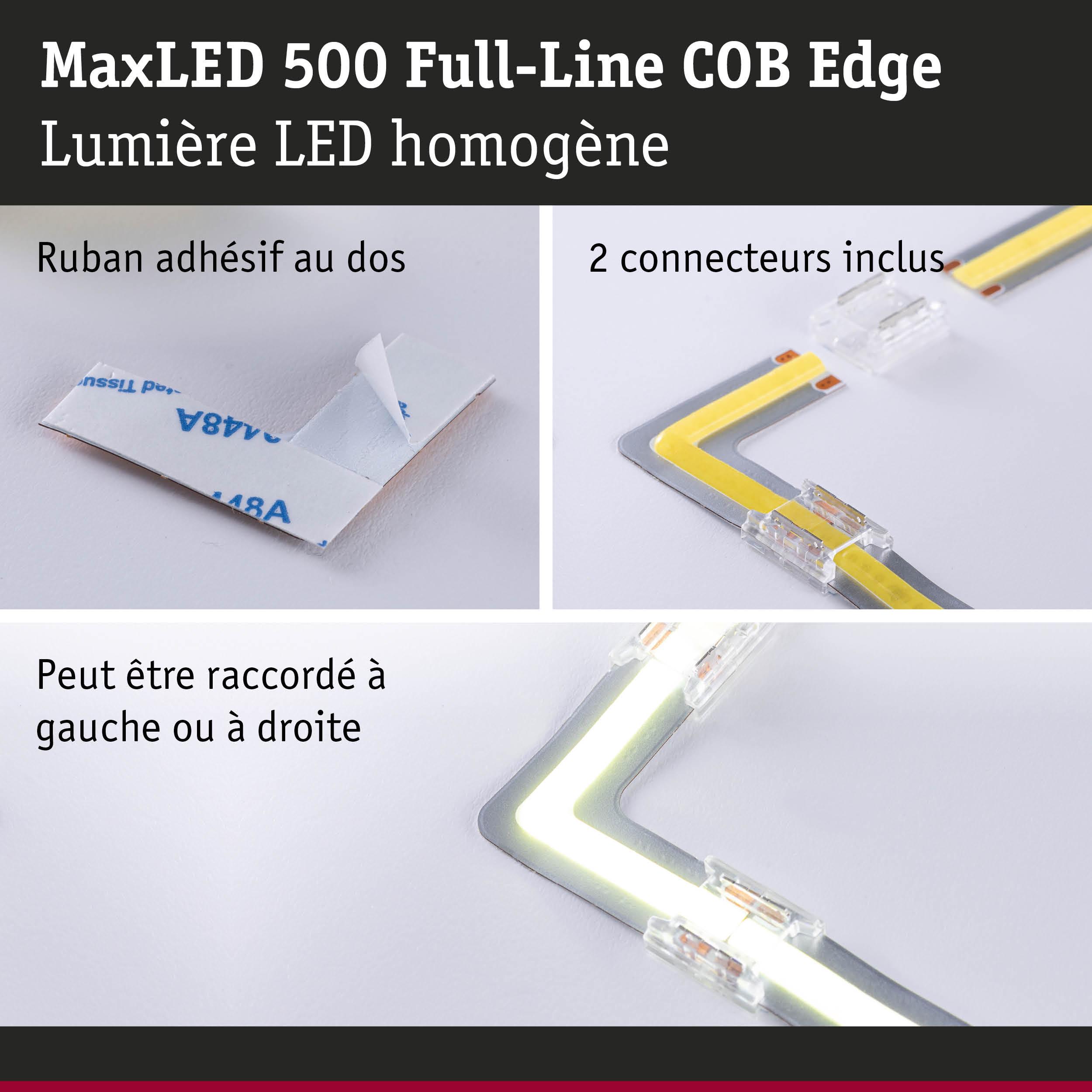 Bande LED MaxLED 500 avec ruban adhésif au dos et deux connecteurs transparents pour montage flexible