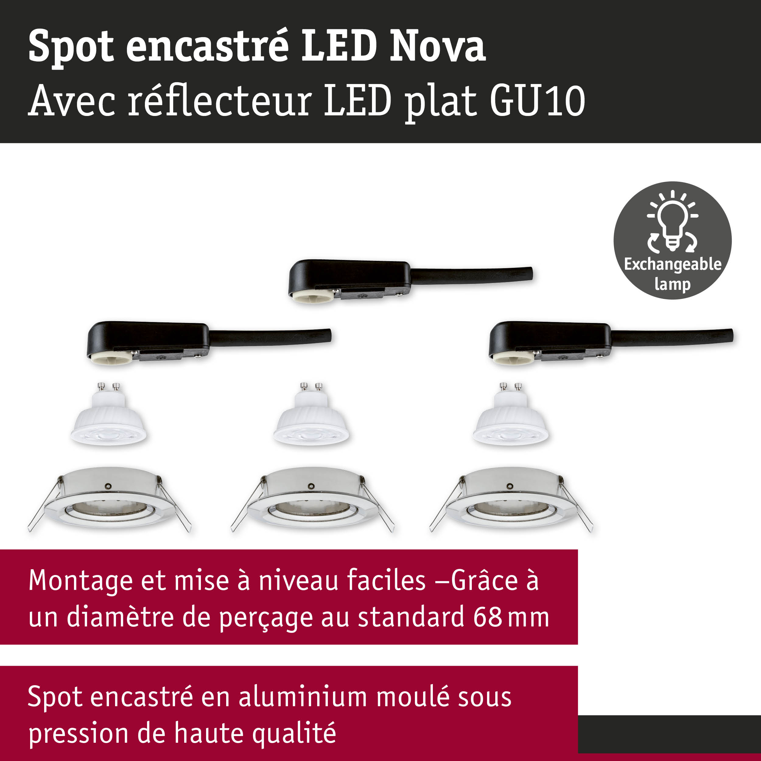 Spot encastré LED Nova en aluminium avec lampe LED plate GU10 et ampoule interchangeable