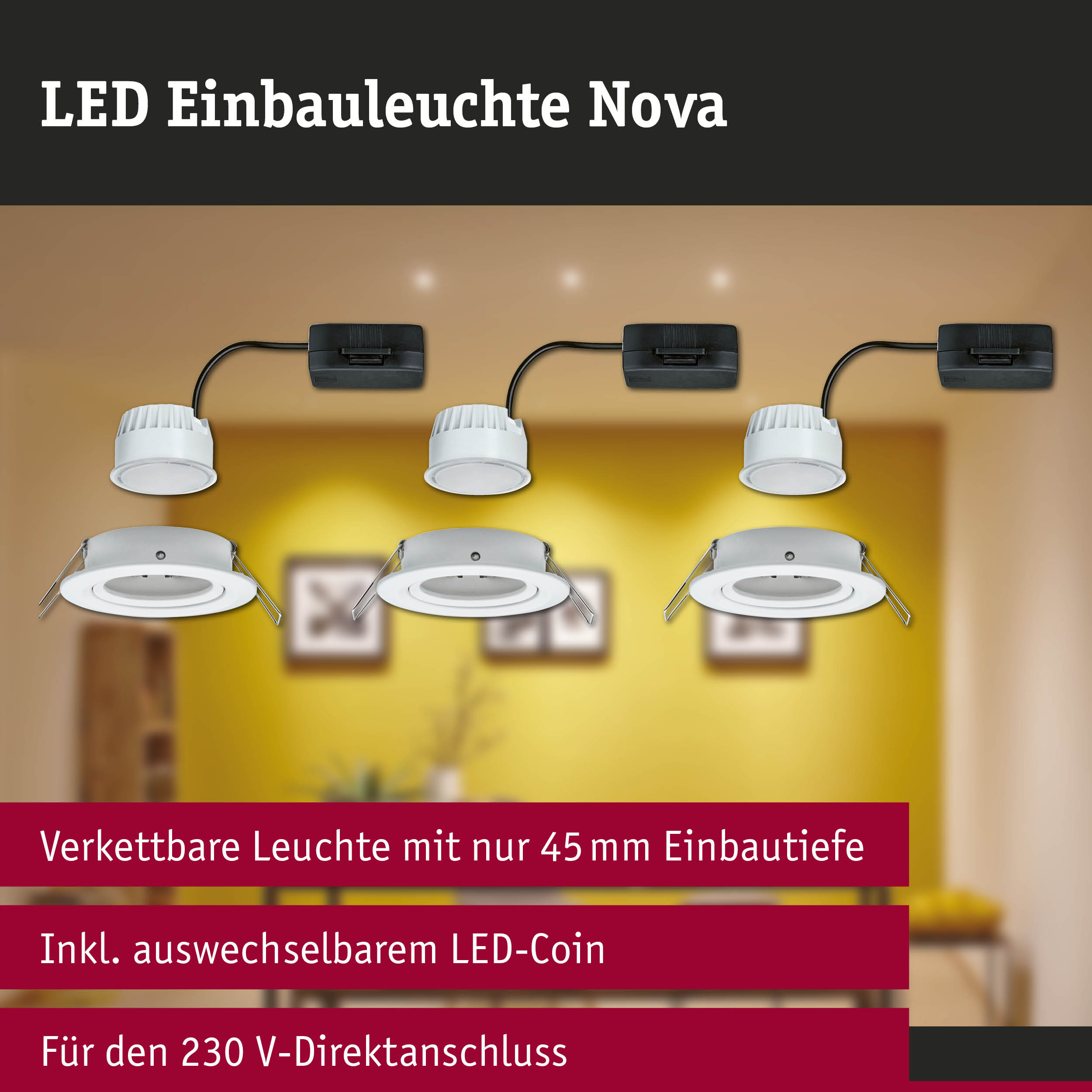 LED Einbauleuchte Nova in Weiß mit 45 mm Einbautiefe und austauschbarem LED-Coin für 230 V Anschluss