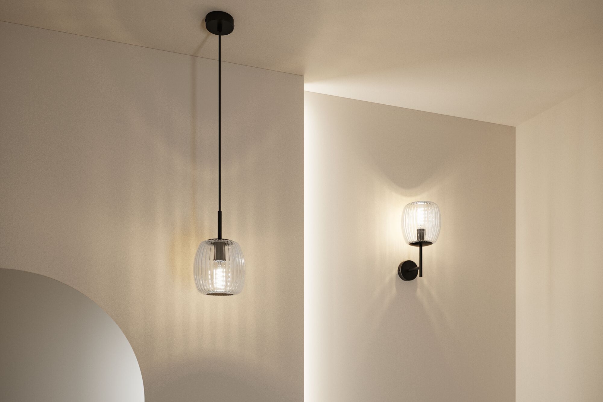 Modern pendant and wall light with ribbed glass and black metal for stylish indoor lighting