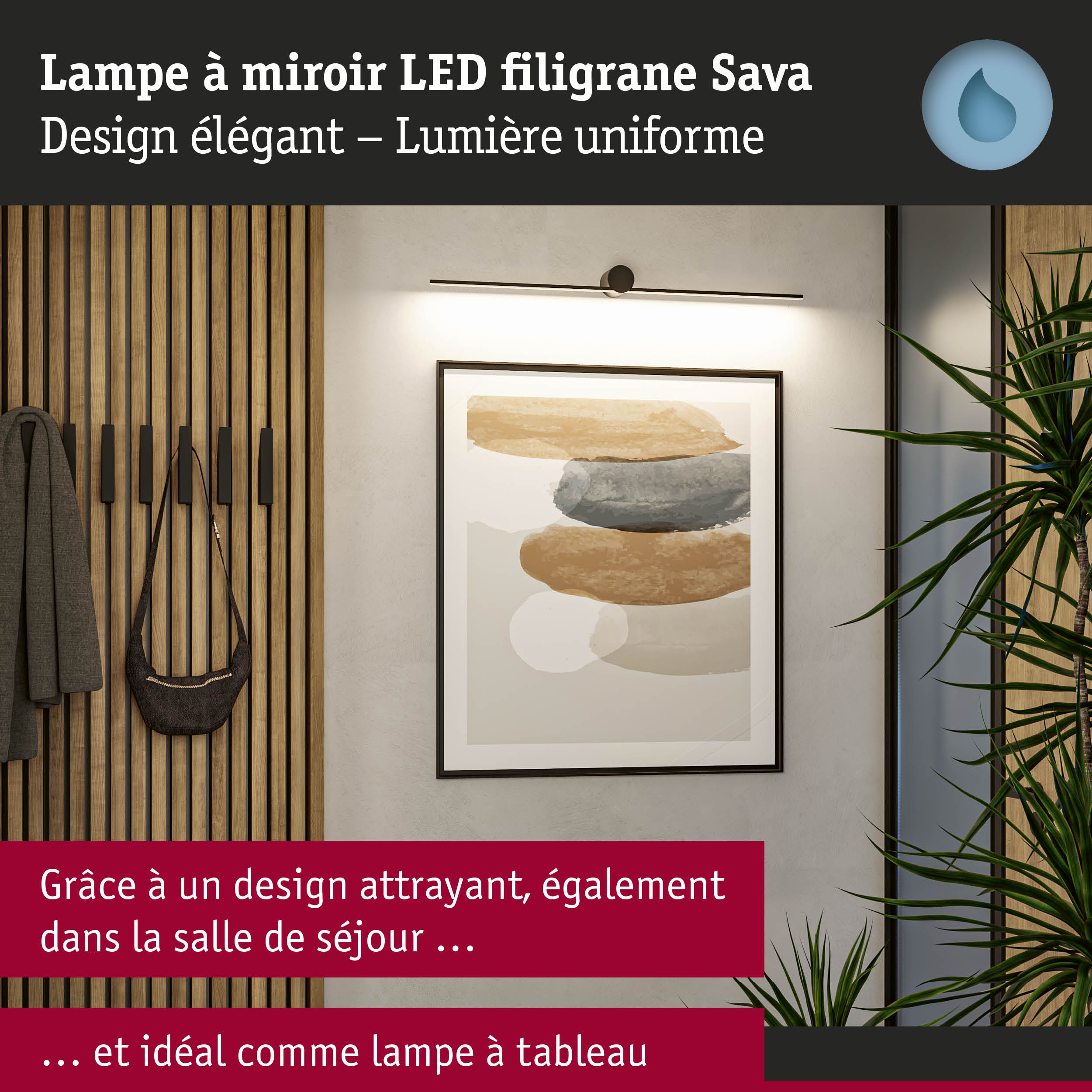 Lampe à miroir LED filigrane Sava noire avec lumière uniforme, parfaite pour salon et tableau