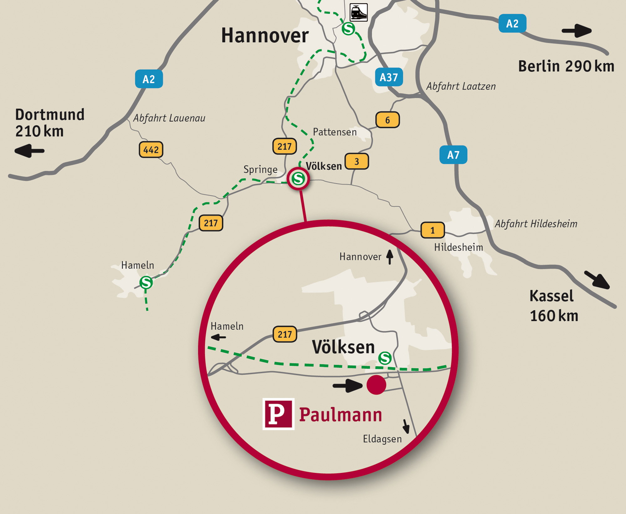 Carte d'accès indiquant Paulmann à Völksen près de Hanovre avec routes et lignes de train