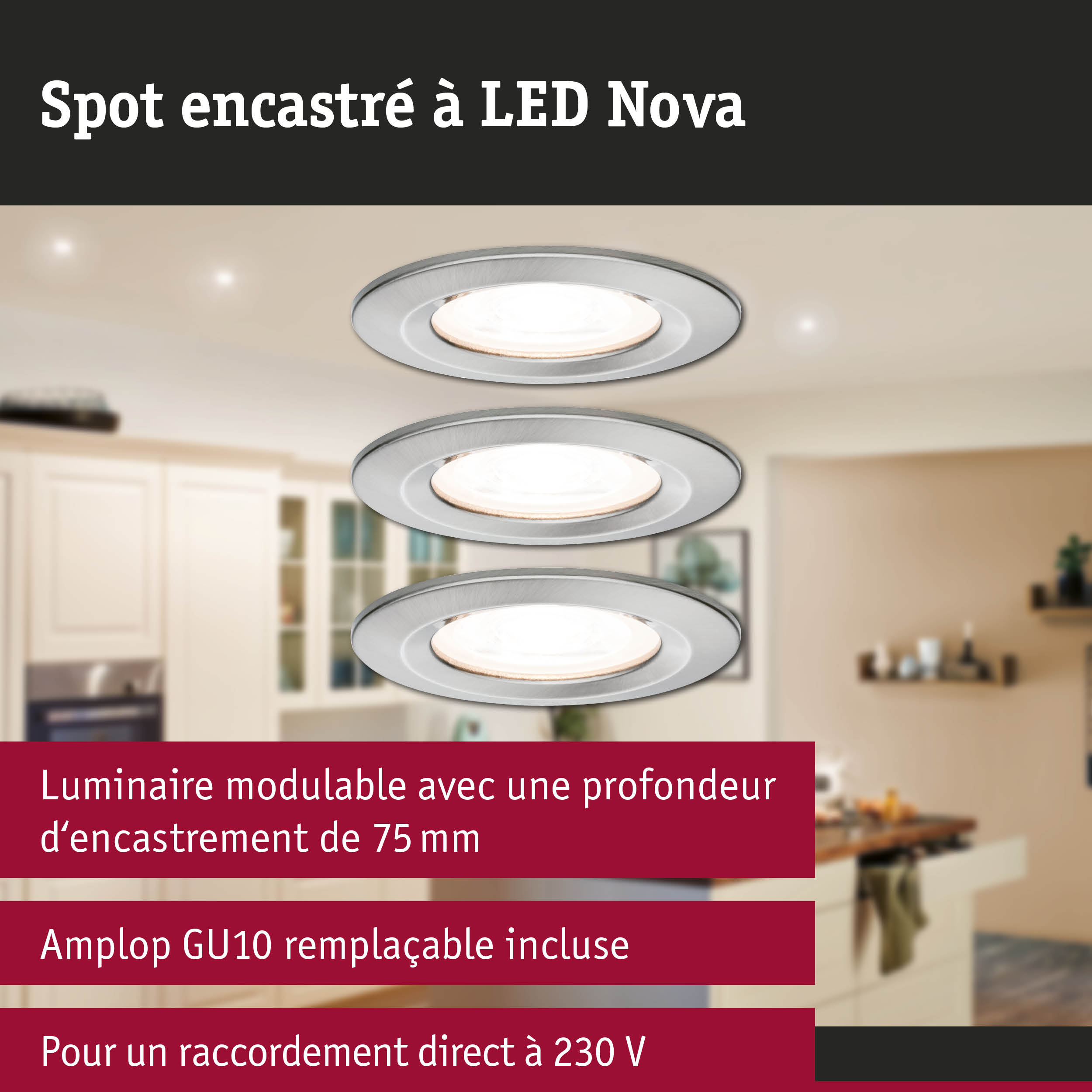 Spot encastré LED Nova en aluminium brossé argenté pour éclairage intérieur moderne