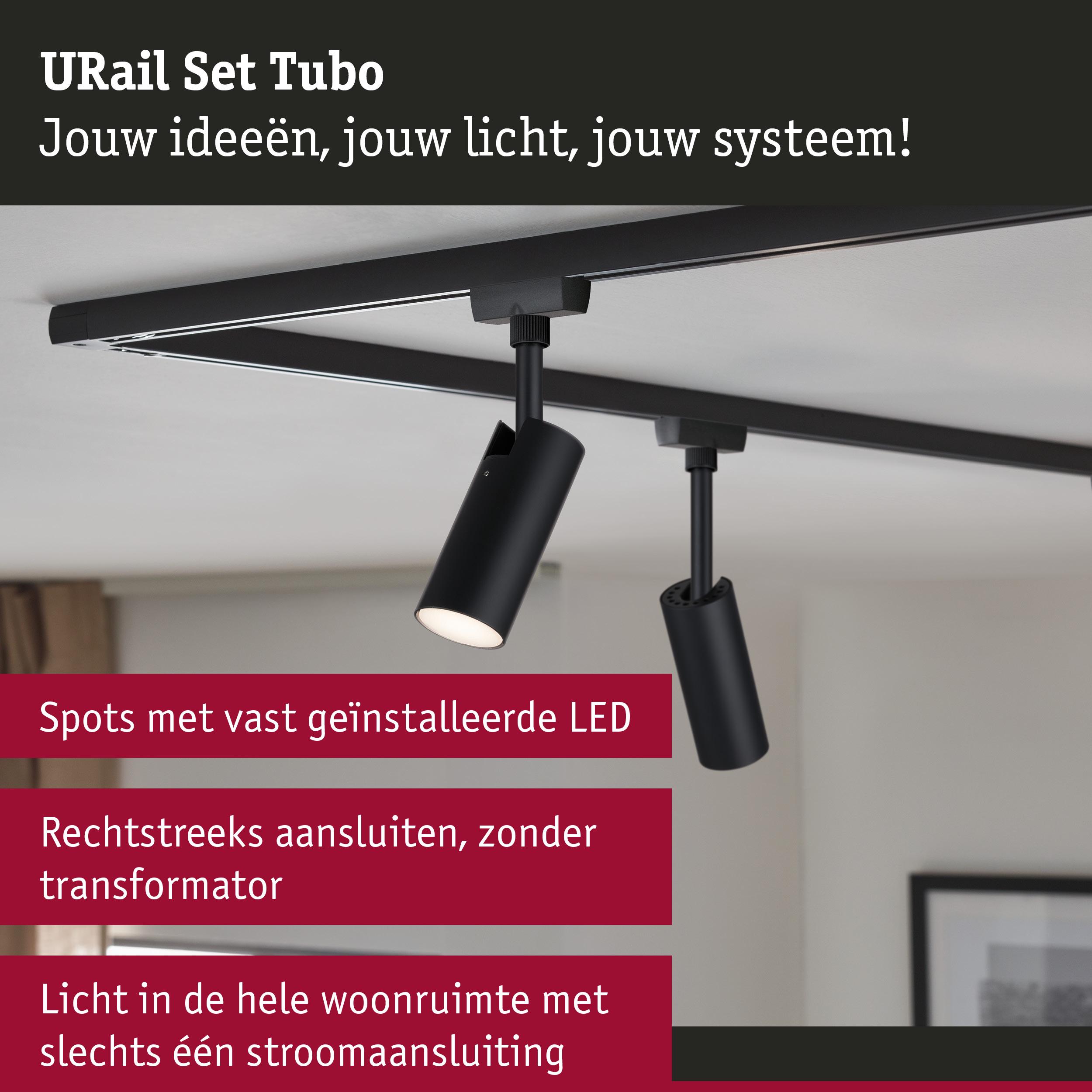 Zwart URail Set Tubo LED-schienensysteem met twee verstelbare spots aan witte plafond