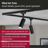 Zwart URail Set Tubo LED-schienensysteem met twee verstelbare spots aan witte plafond