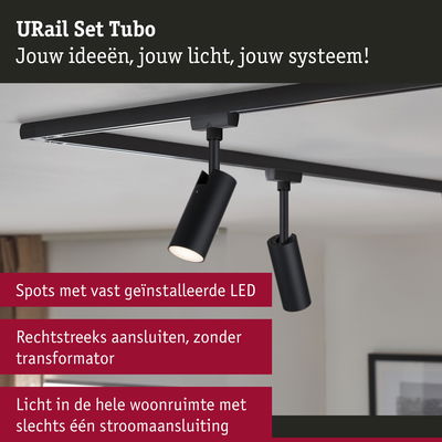 Zwart URail Set Tubo LED-schienensysteem met twee verstelbare spots aan witte plafond