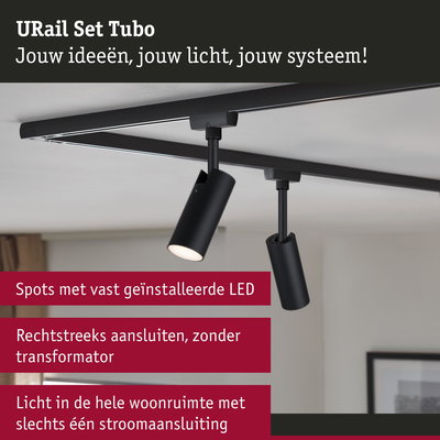 Zwart URail Set Tubo LED-schienensysteem met twee verstelbare spots aan witte plafond