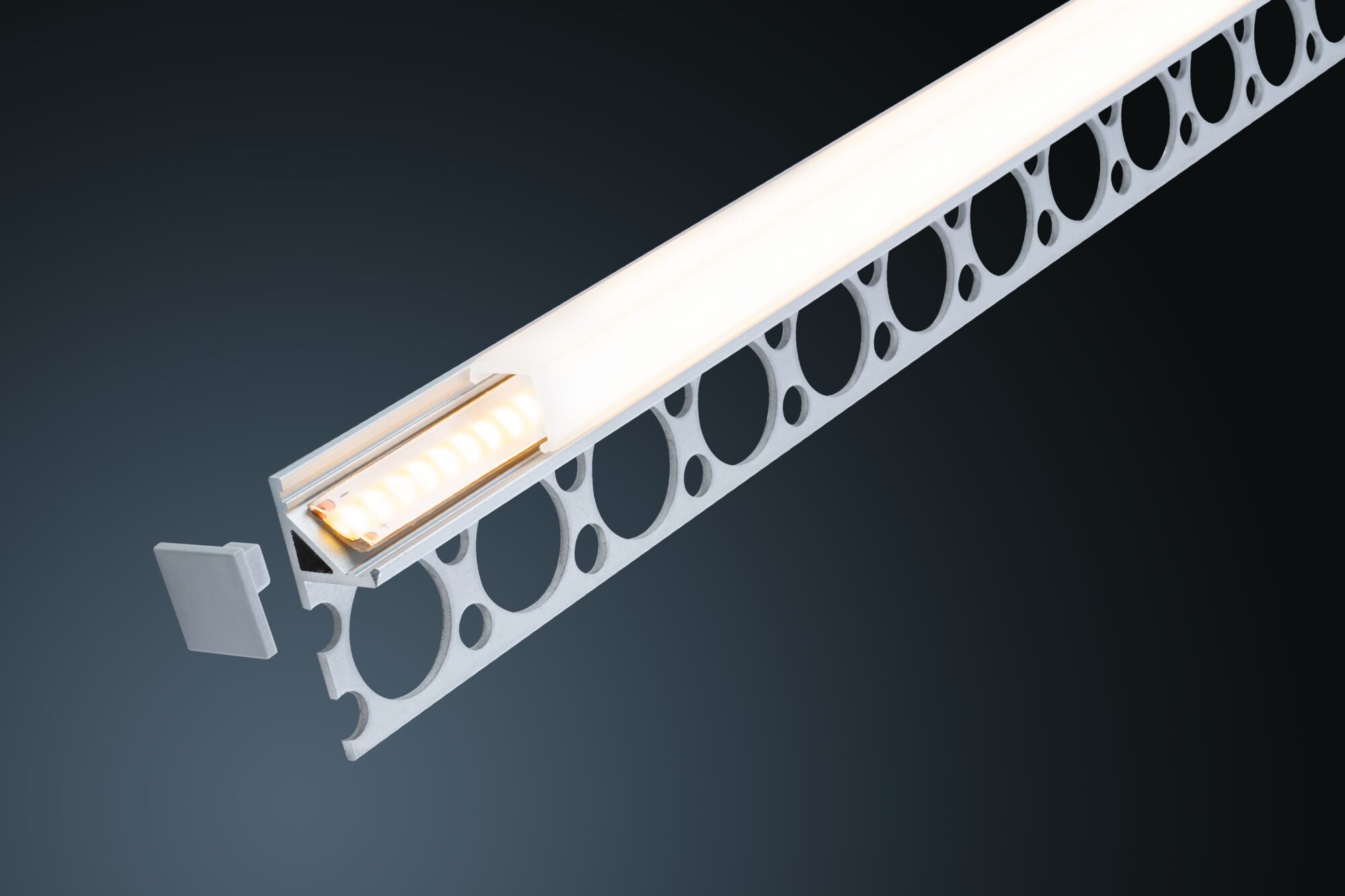 Silver aluminum LED profile with frosted diffuser and perforated mounting bracket for indirect lighting