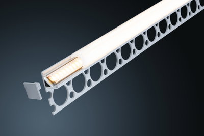 Silver aluminum LED profile with frosted diffuser and perforated mounting bracket for indirect lighting
