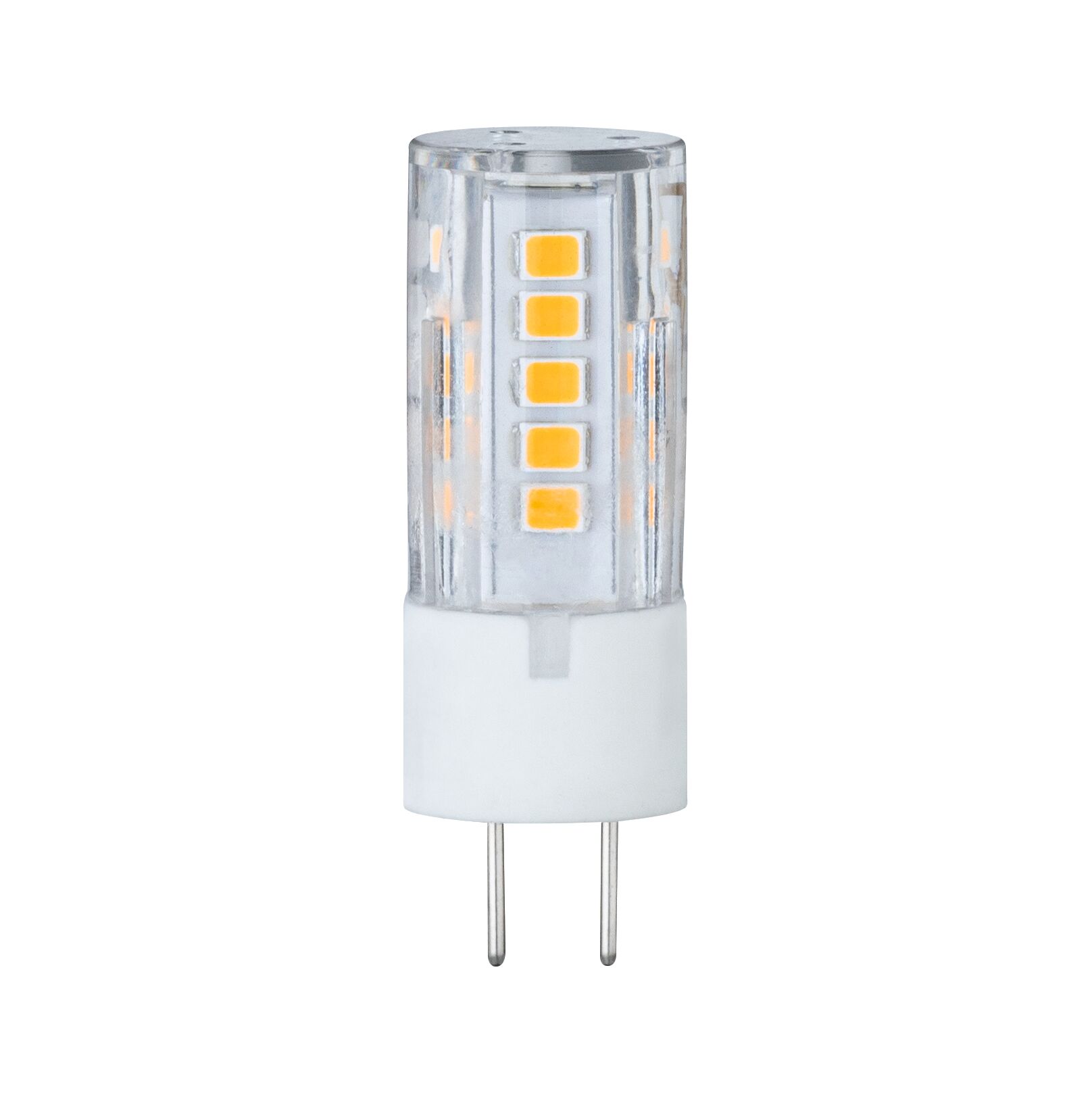 Compact G9 LED bulb with clear plastic housing and warm white LEDs for energy-efficient lighting