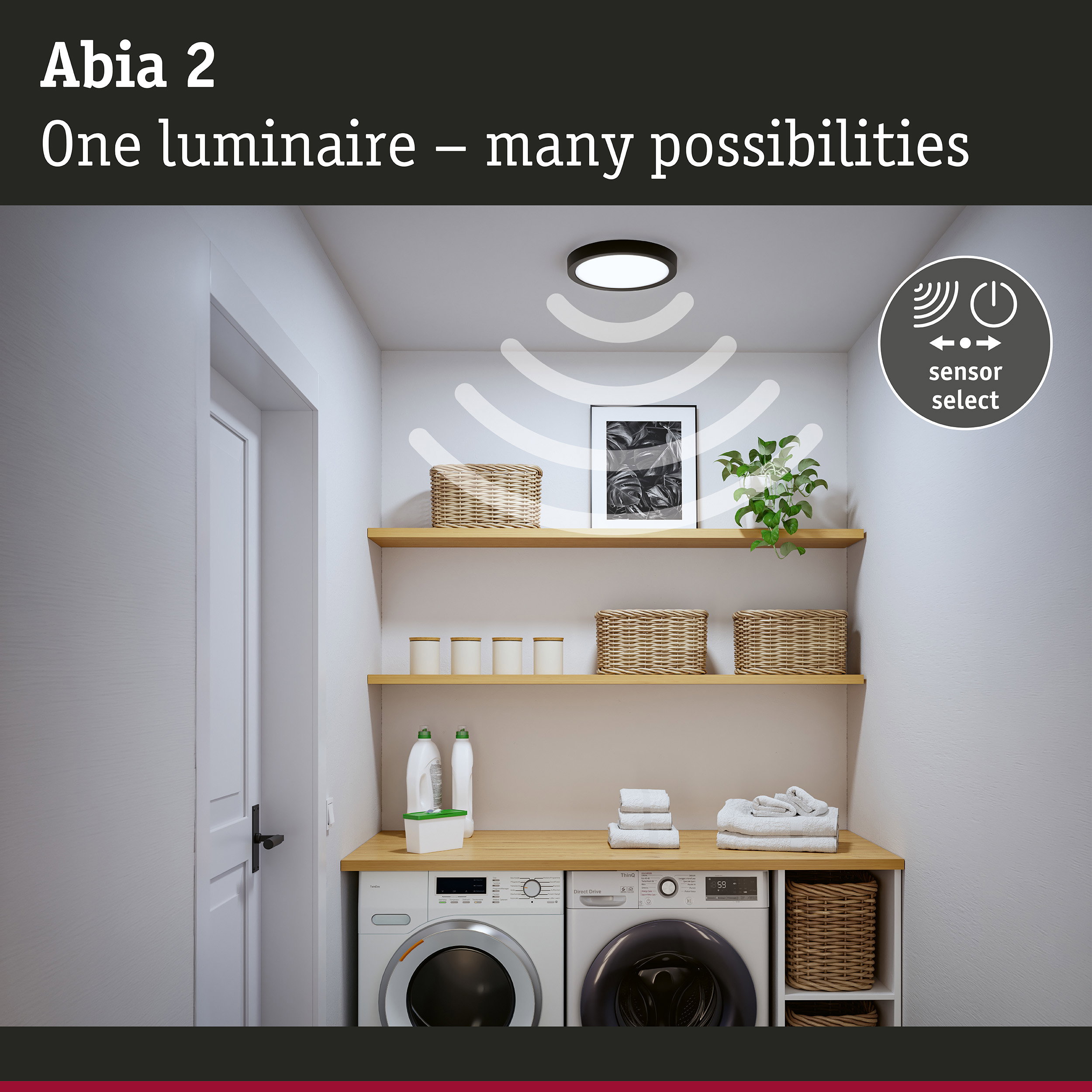 Abia 2 black LED ceiling light with sensor for versatile lighting in laundry room