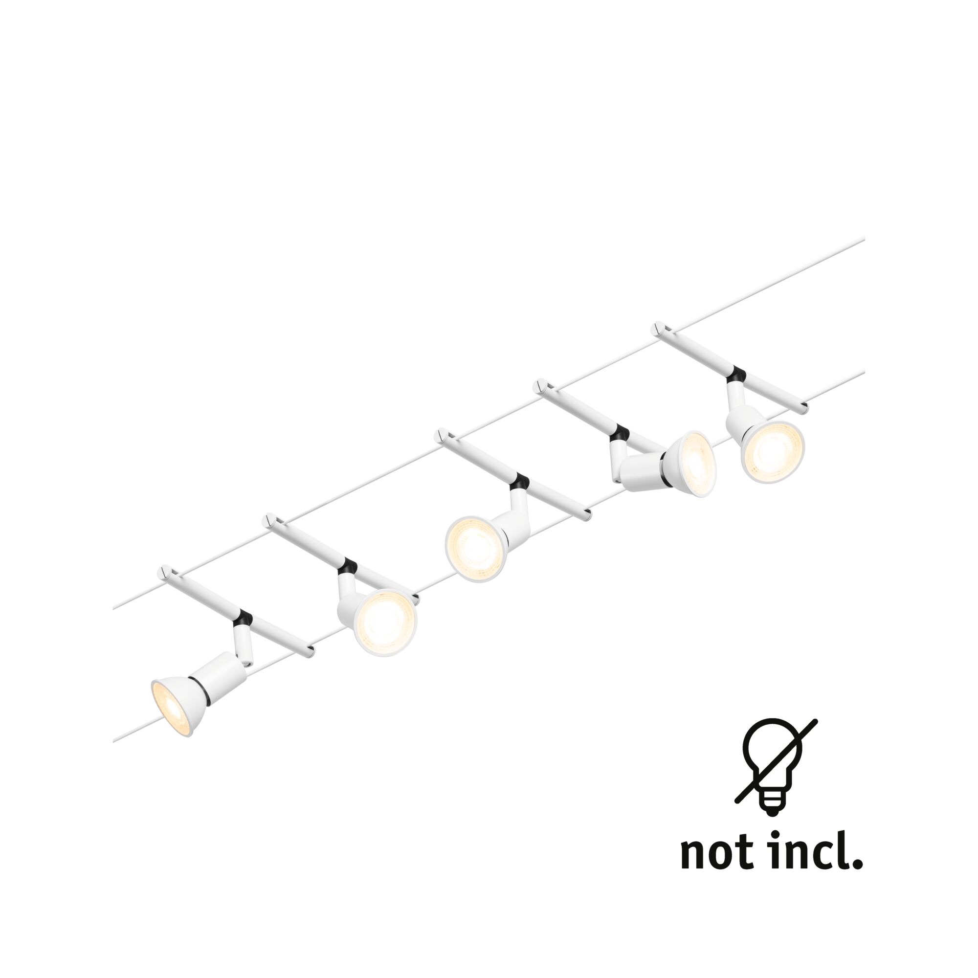 White cable lighting system with five adjustable LED spotlights without bulbs for versatile room lighting