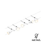 White cable lighting system with five adjustable LED spotlights without bulbs for versatile room lighting