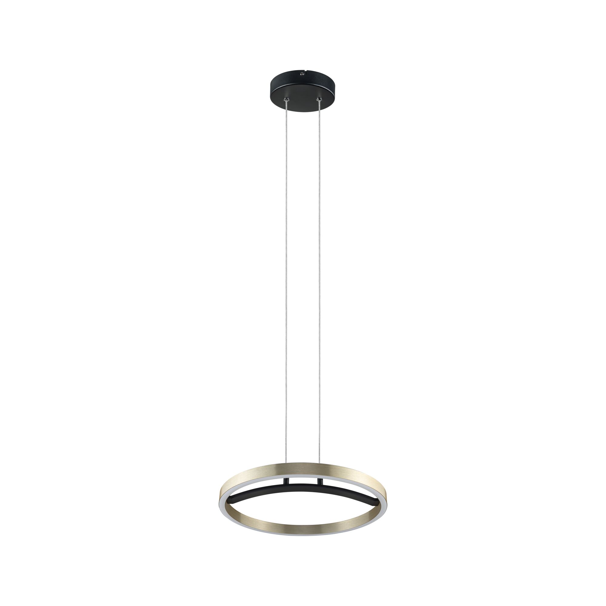 Modern LED pendant light in brushed gold and black metal for stylish living room lighting