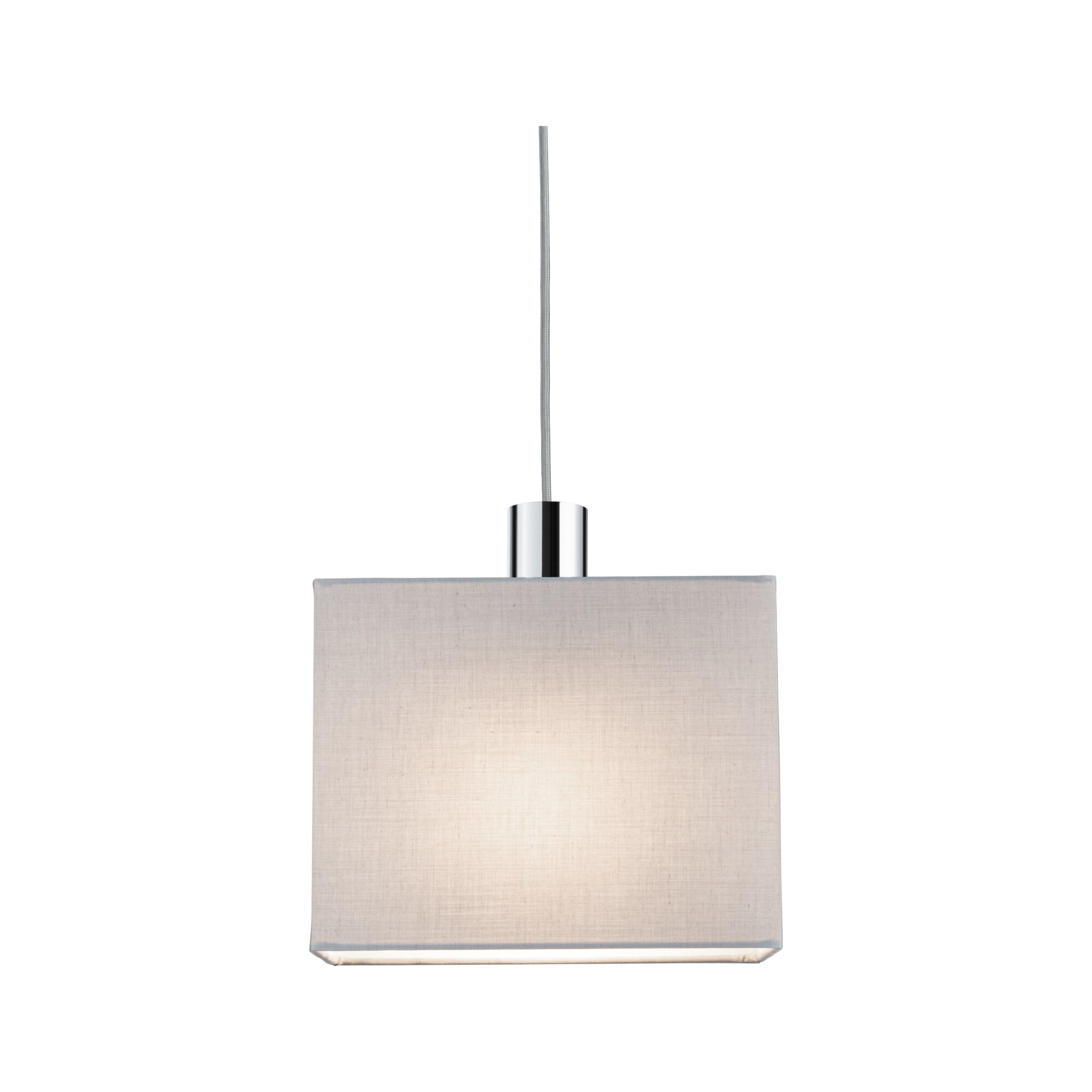 Pendant lamp with rectangular light grey fabric shade and chrome metal holder for living spaces.