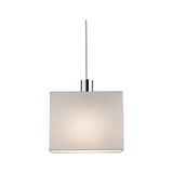 Pendant lamp with rectangular light grey fabric shade and chrome metal holder for living spaces.
