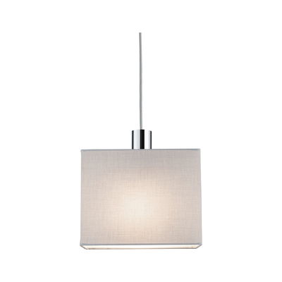 Pendant lamp with rectangular light grey fabric shade and chrome metal holder for living spaces.