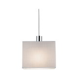 Pendant lamp with rectangular light grey fabric shade and chrome metal holder for living spaces.