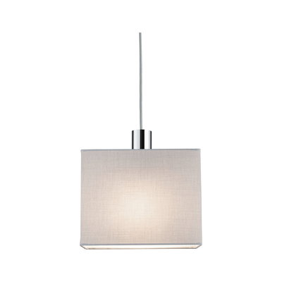 Pendant lamp with rectangular light grey fabric shade and chrome metal holder for living spaces.