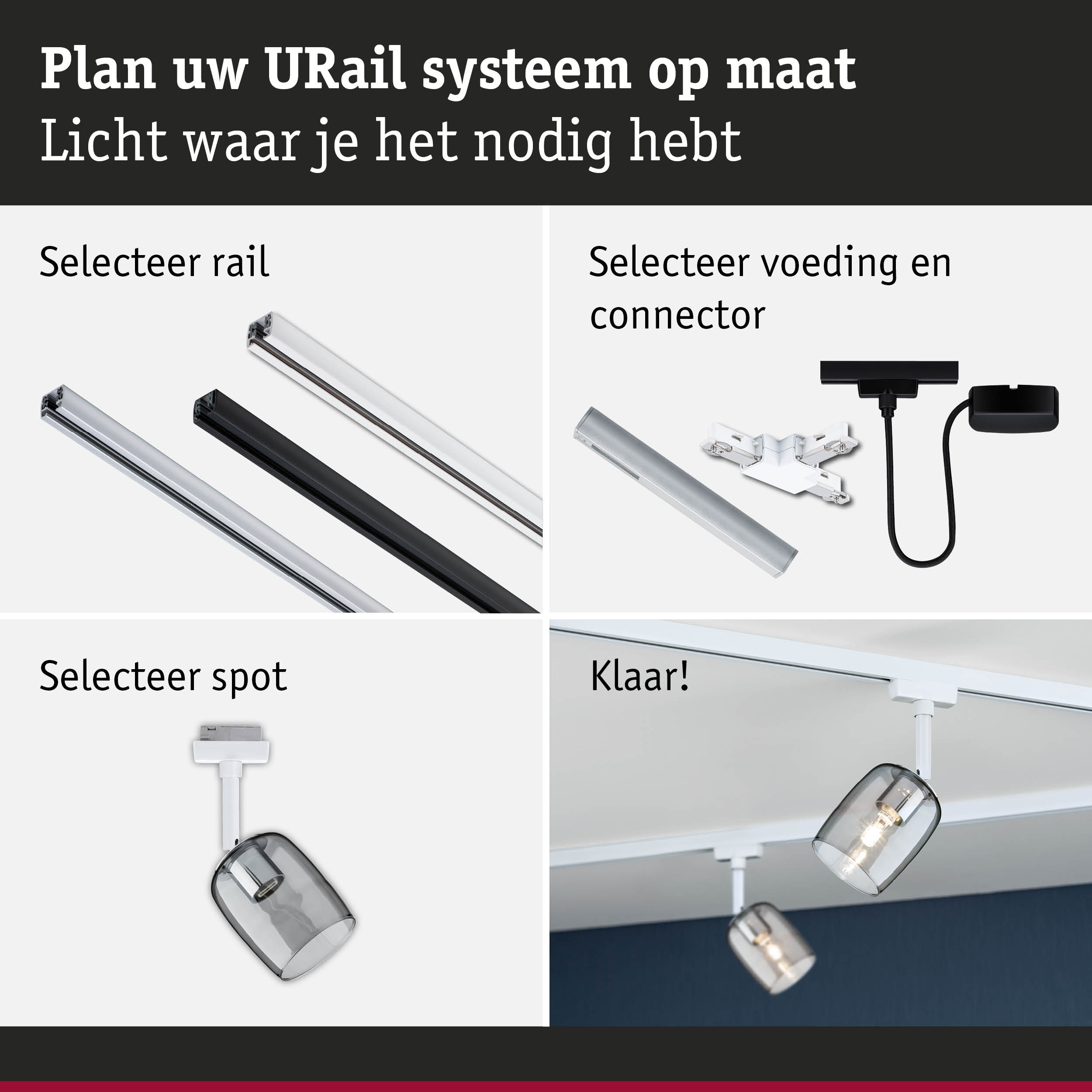 Modulair URail railsysteem met aluminium rails in zwart en wit voor flexibele LED-verlichting.