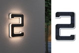 Solar-powered house number 2 in black with white LED lighting for outdoor use.