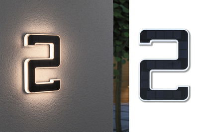 Solar-powered house number 2 in black with white LED lighting for outdoor use.