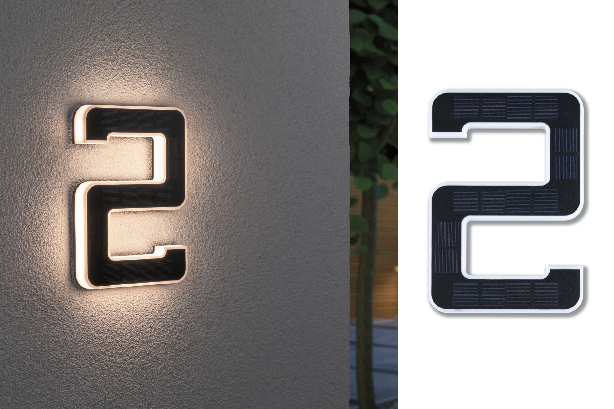Solar LED-huisnummerverlichting incl. verwisselbare accu Nummer 2 IP44 3000K 6lm Zwart Zonne-energie huisnummer 2 met wit frame en zwart oppervlak, moderne LED buitenmuurverlichting
