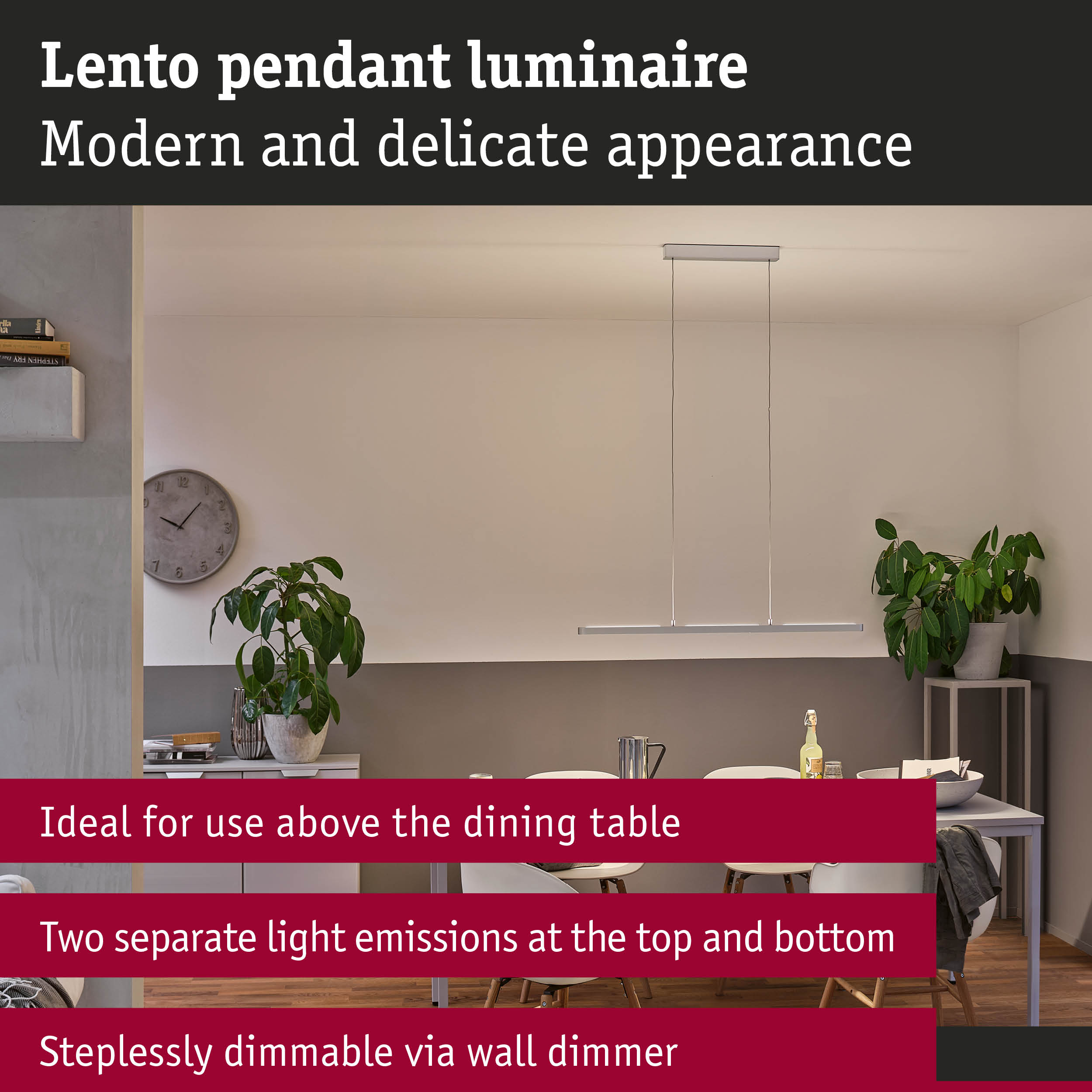 Lento silver aluminium pendant luminaire with dual light emission, stepless dimmable, perfect above dining table