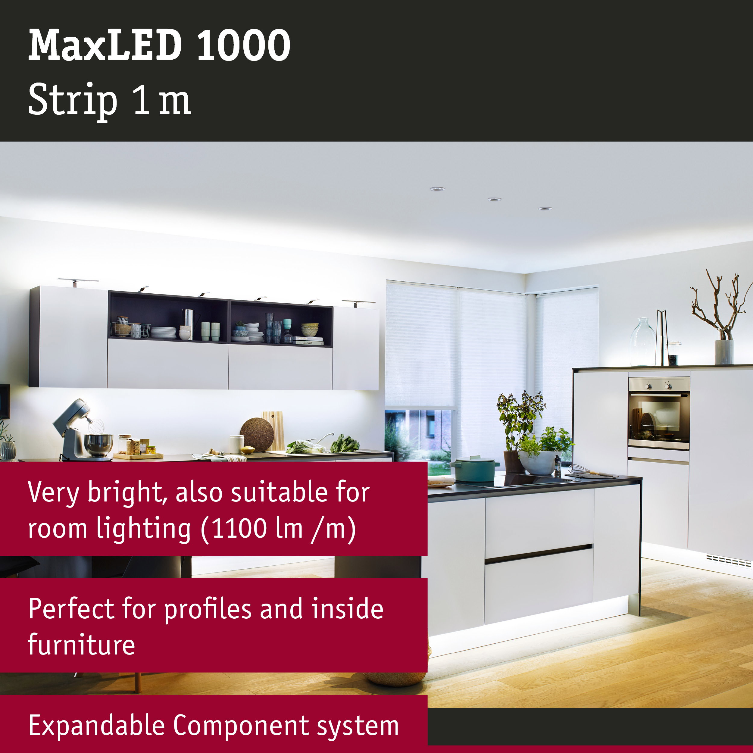 Modern white kitchen with MaxLED 1000 LED strip for bright room lighting and furniture highlights