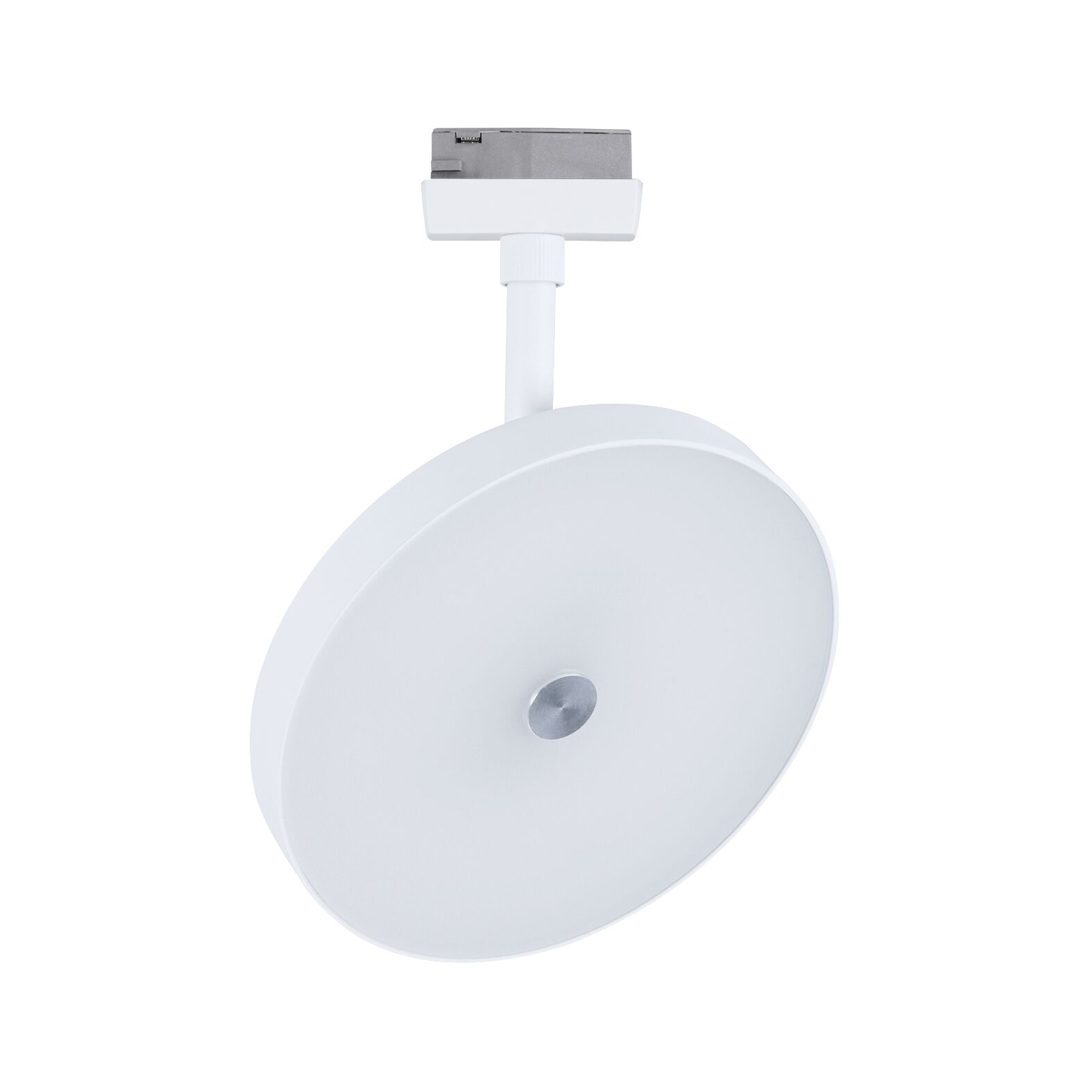 Rundes weißes LED-Tracklight mit Metallakzent, modernes Design für flexible Raumbeleuchtung