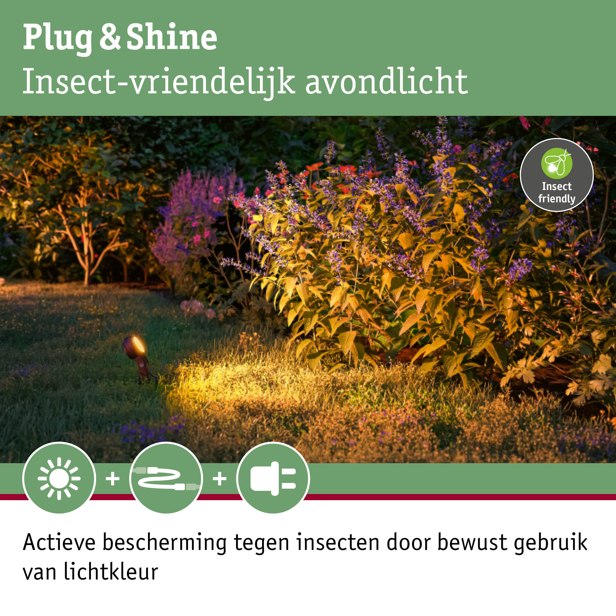 Tuin met insectvriendelijke buitenverlichting in warme gele tint voor duurzame lichtinrichting