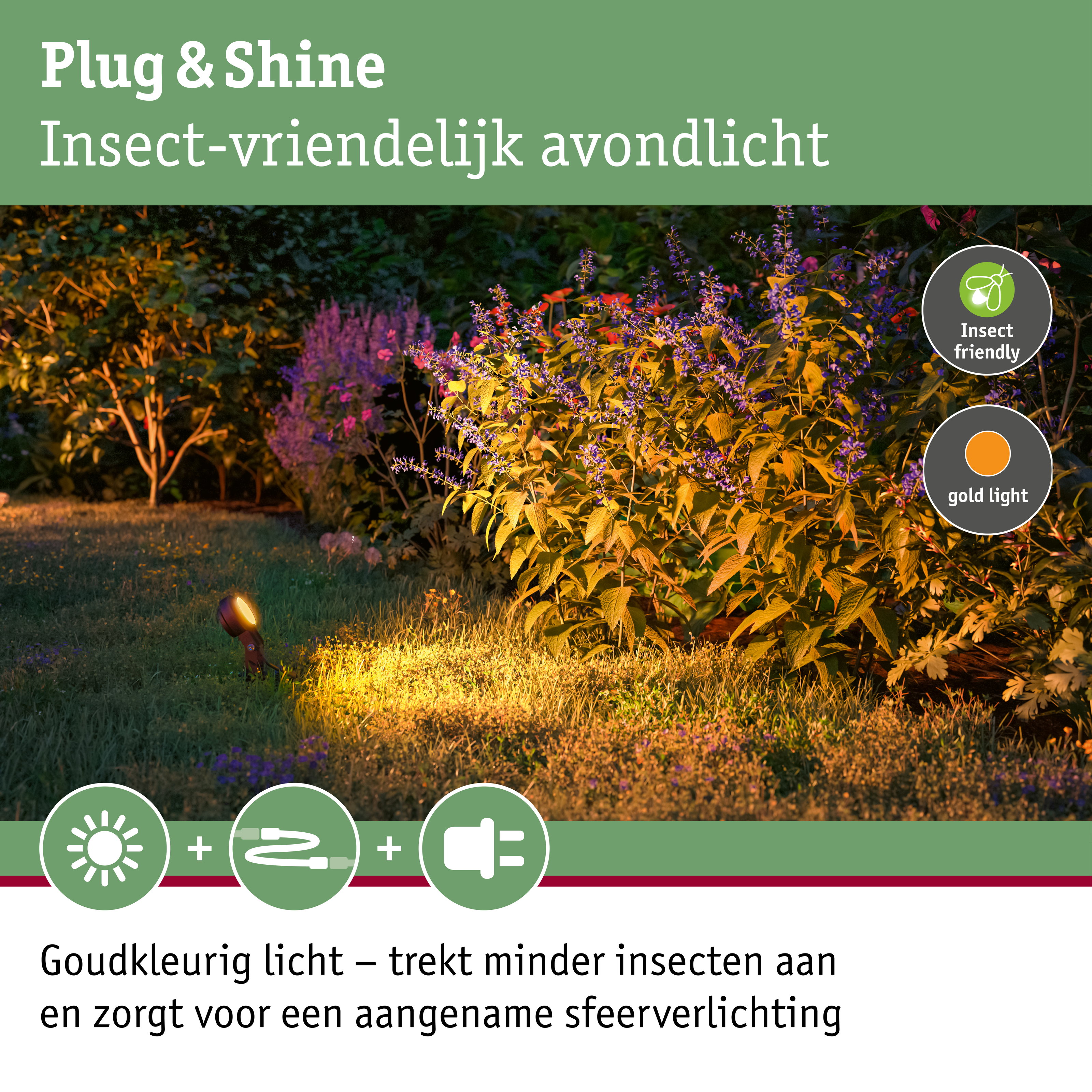 Tuin met insectvriendelijke buitenverlichting in warme gele tint voor duurzame lichtinrichting