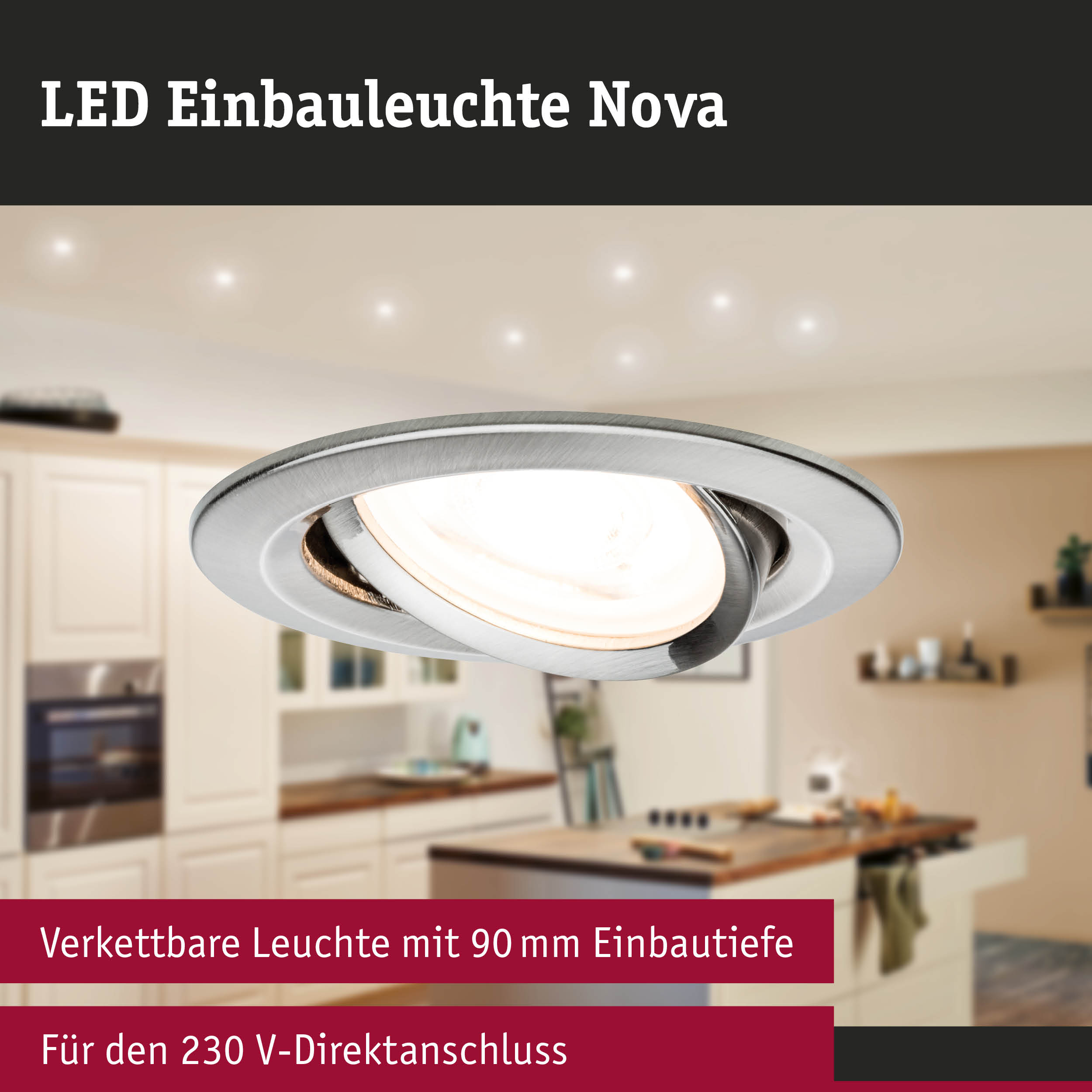 LED Einbauleuchte Nova aus gebürstetem Aluminium in Silber für moderne Küchenbeleuchtung