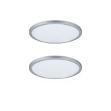 Two round LED ceiling lights with silver aluminum frame and white diffuser for modern lighting