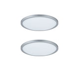 Two round LED ceiling lights with silver aluminum frame and white diffuser for modern lighting