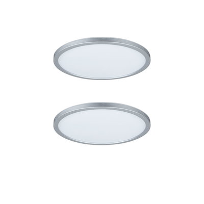 Two round LED ceiling lights with silver aluminum frame and white diffuser for modern lighting