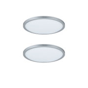 Twee ronde LED-plafondlampen met zilverkleurige aluminiumrand en witte diffuser voor moderne verlichting