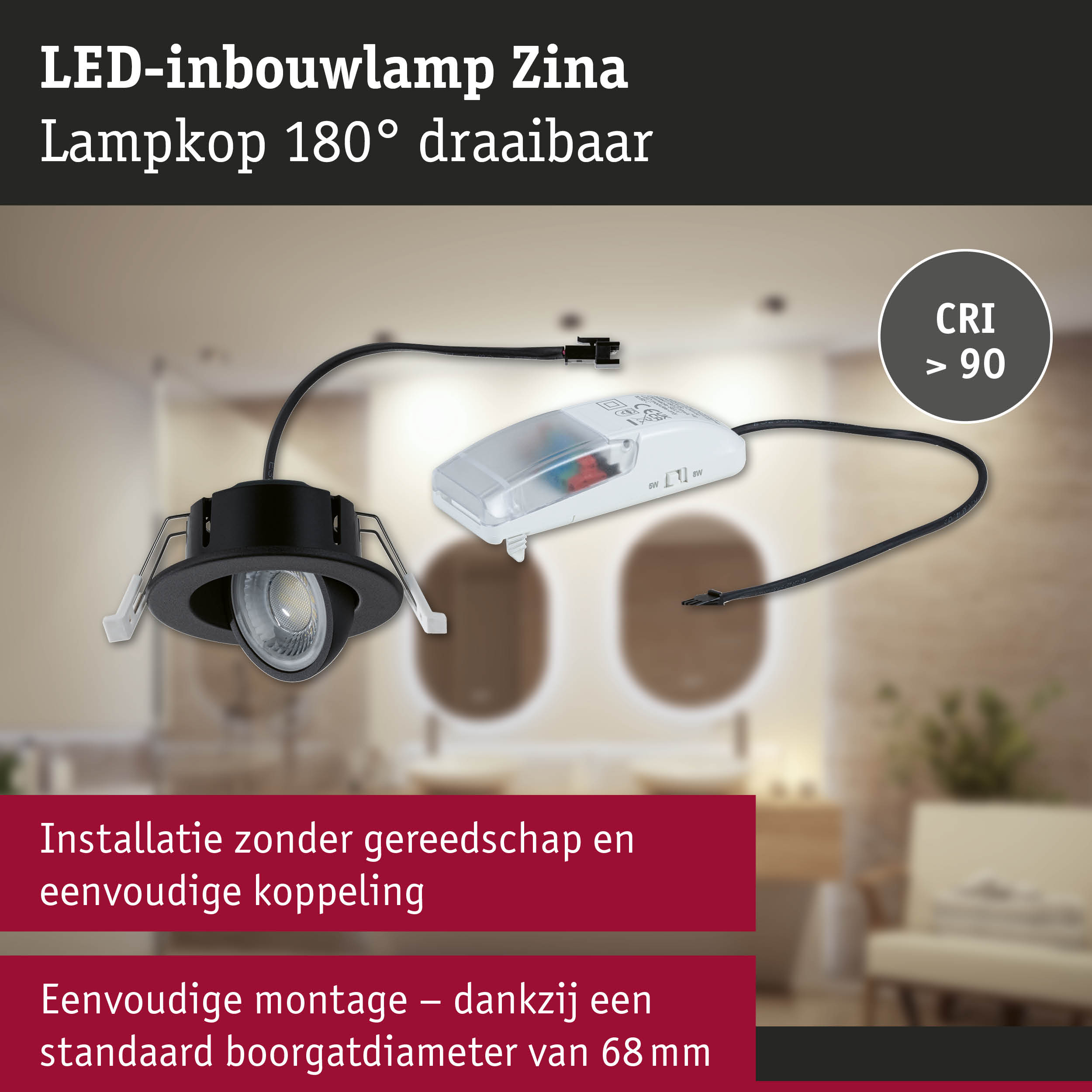 Zwarte LED-inbouwlamp Zina met 180° draaibare lampkop en witte aansluitdoos