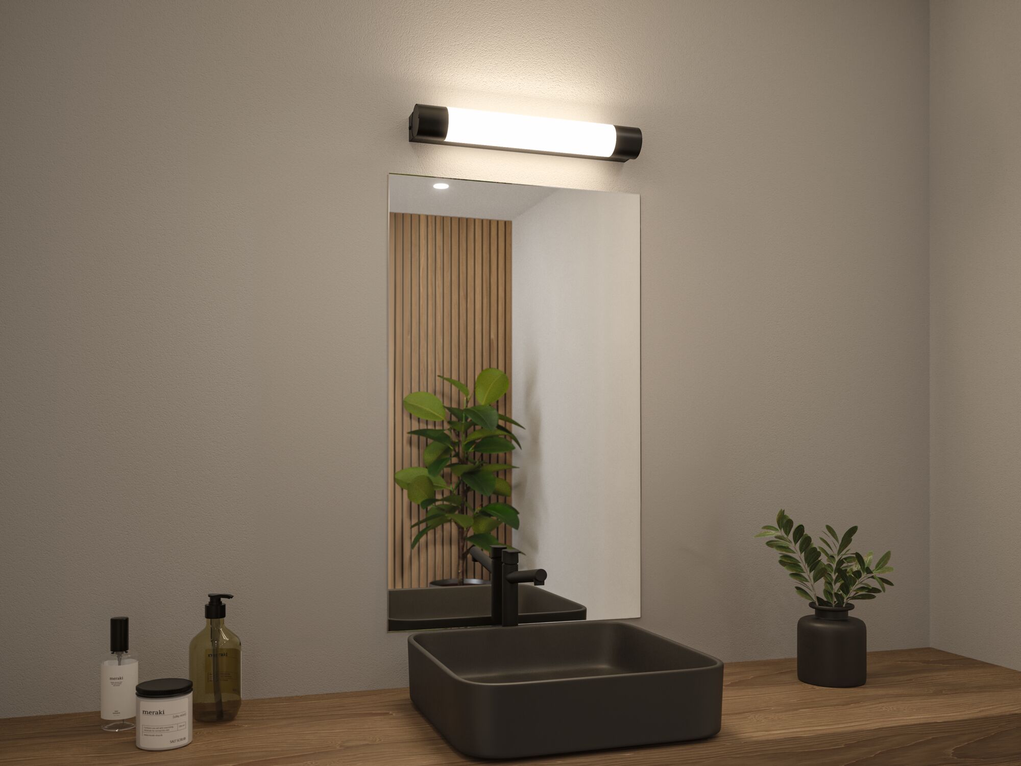 Schwarzes quadratisches Waschbecken aus Keramik mit schwarzem Wasserhahn und LED-Wandleuchte im Bad