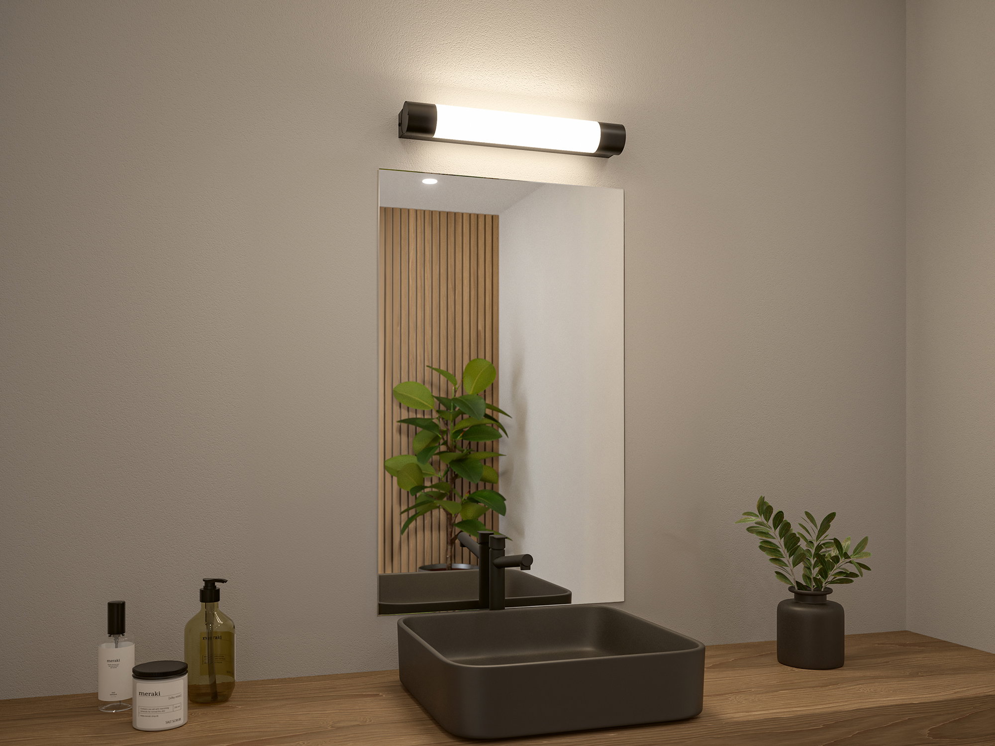 Schwarzes quadratisches Waschbecken aus Keramik mit schwarzem Wasserhahn und LED-Wandleuchte im Bad
