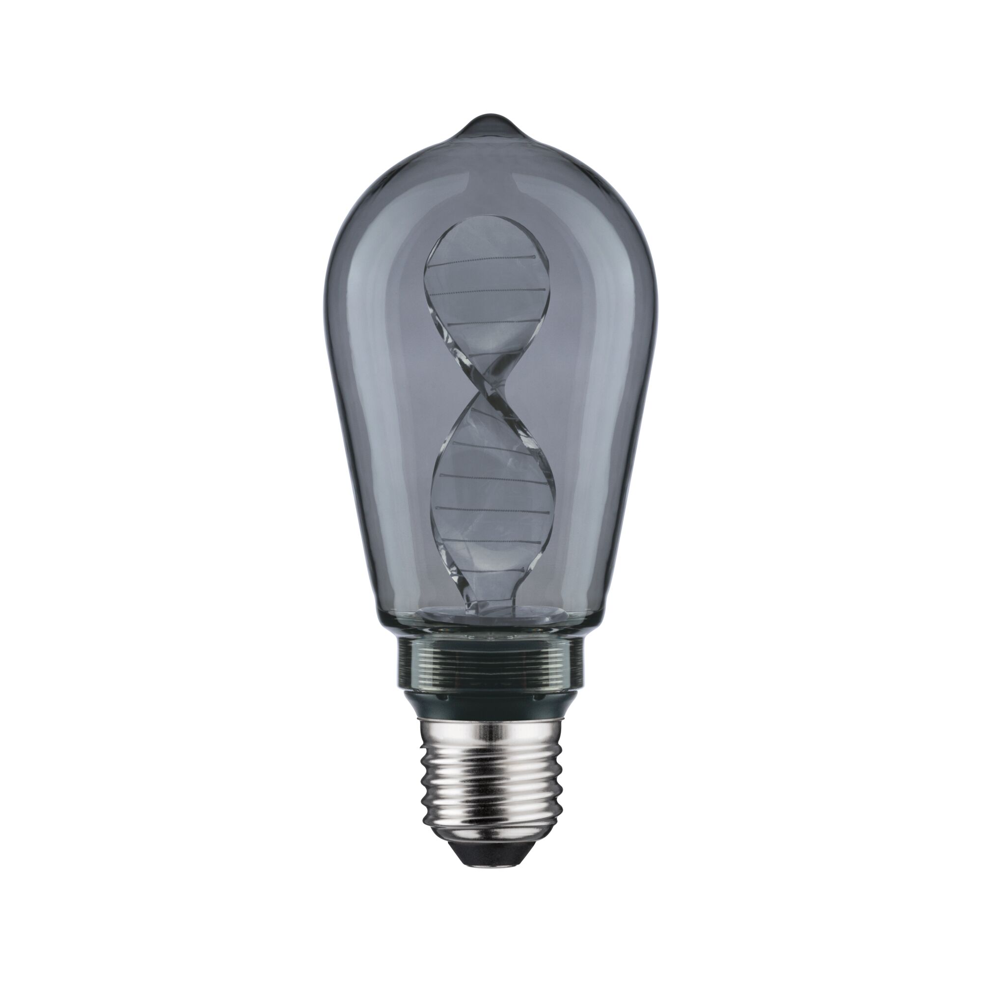 Light bulb with twisted LED filament in smoked glass and E27 base for decorative lighting use