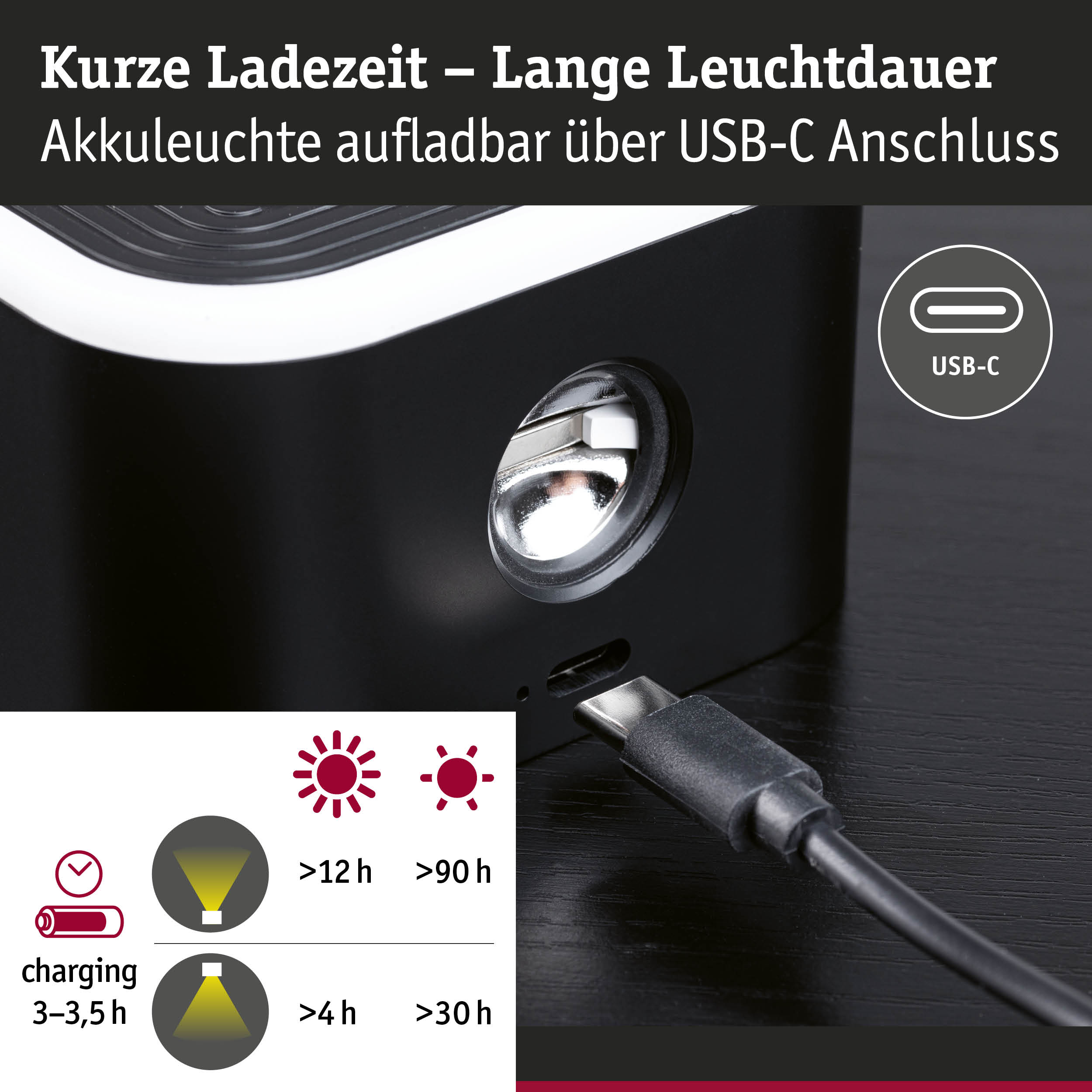 Akkuleuchte mit USB-C Anschluss in Schwarz und Weiß, kurze Ladezeit, lange Leuchtdauer, LED Lampe