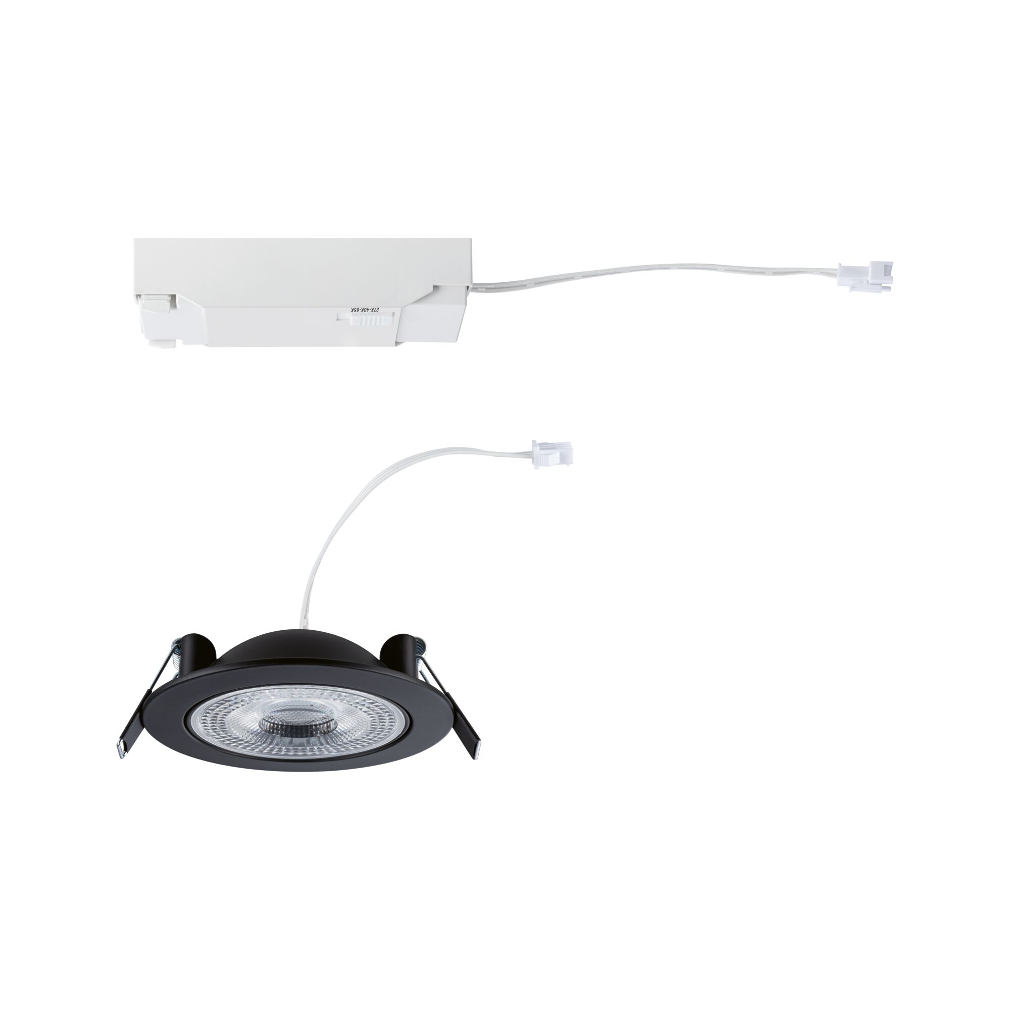 Schwarze LED-Einbauleuchte mit weißem Anschlusskasten und Kabel für moderne Innenbeleuchtung